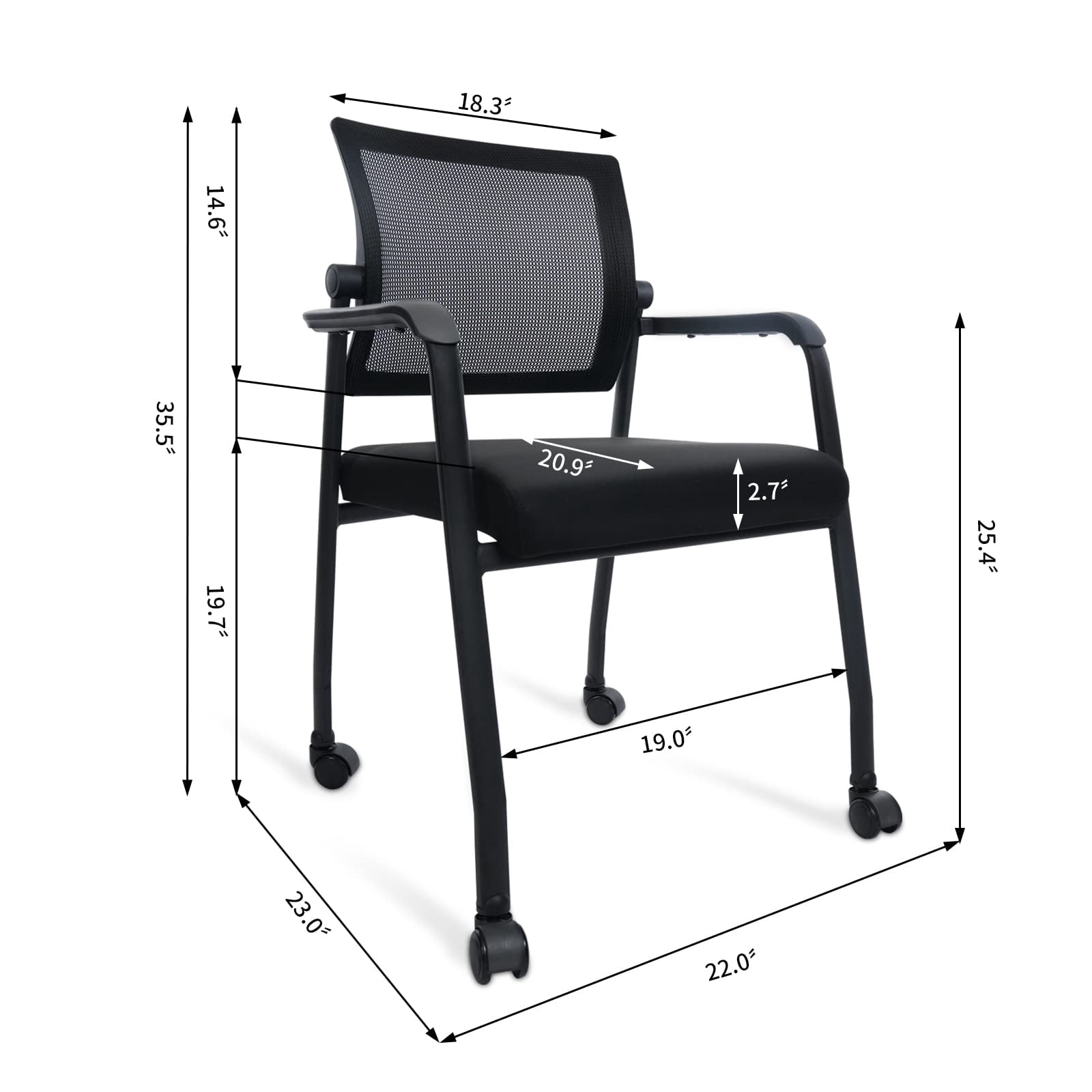 KLASIKA Waiting Room Chairs with Wheels, Adjustable Mesh Backrest, Desk Chair with Ergonomic Lumbar Support and Thickened Seats Cushion, Black