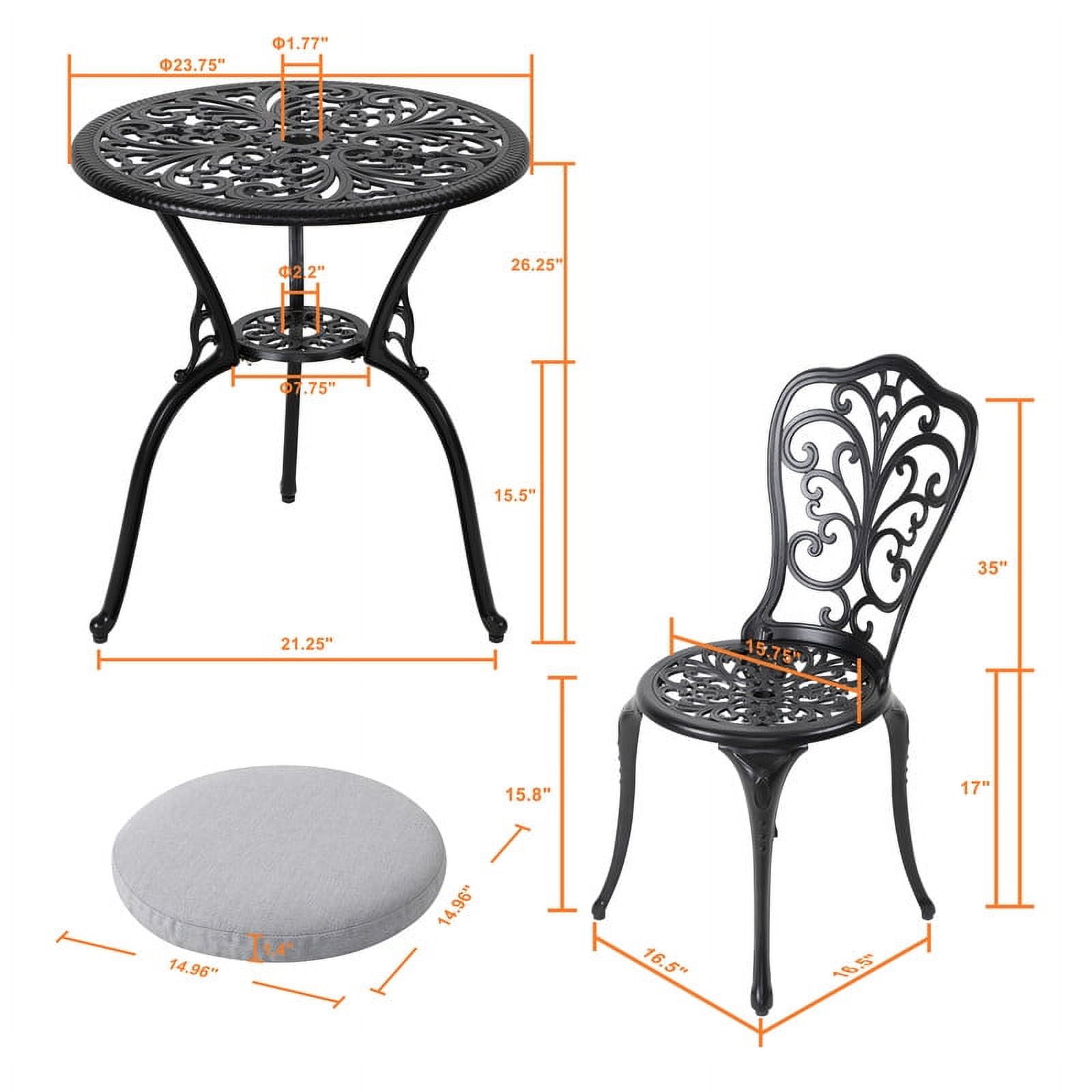 Nuu Garden 3-Piece Outdoor Bistro Set with 1.4'' Thick Cushions, Round 24 Inch Cast Aluminum Round Table with 1.77'' Umbrella Hole and 2 Cast Aluminum Armless Chairs, Black