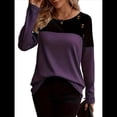 thumbnail image 3 of Camisetas de Punto Gofre para Mujer, Camisetas de Larga con Bloques de Color y Detalle de Botones, Túnicas Negro Púrpura S, 3 of 7