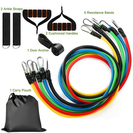 11Pcs Resistance Bands Set Fitness Workout Tubes Exercise Tube Bands Up to 100lbs w/ Door Anchor Handles Ankle Straps for Physical Training Yoga