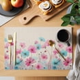thumbnail image 2 of Blue Pink Flowers Placemats Set of 6 Spring Garden Floral Rustic Burlap Place Mats Indoor Wipeable Table Mats Washable Cloth Dining Table Placemats for Kitchen Holiday Party Home Decor 13x19 Inch, 2 of 9