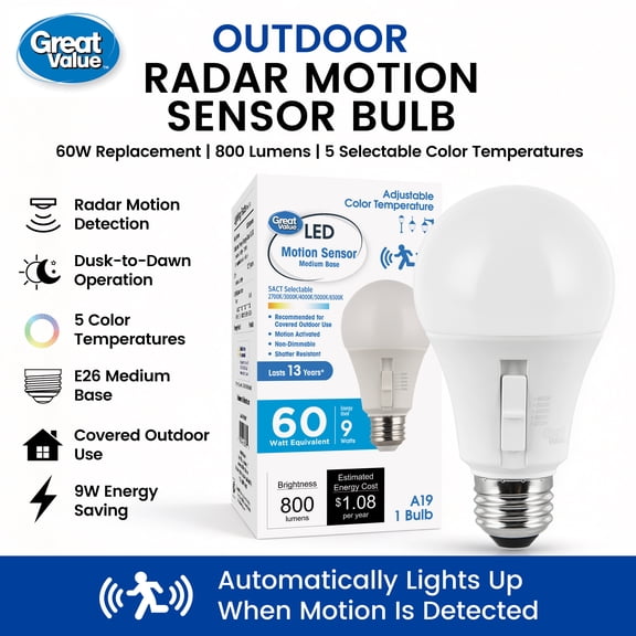 Great Value A19 LED Outdoor Radar Motion Sensor Bulb, Dusk-to-Dawn, 5 Selectable White Color Temperatures