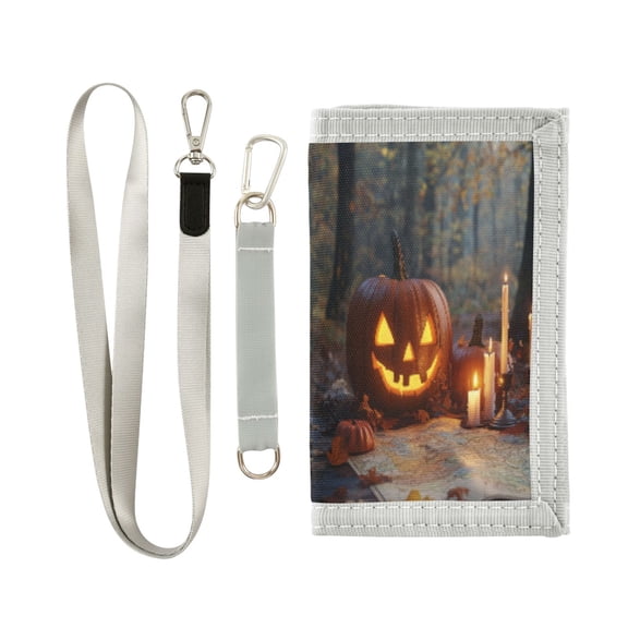 Cloth Wallet with Lanyard & Multiple Compartments Fashion Purse Zipper Clutch Bag for Cash Cards Coins Halloween Pumpkins and Candles