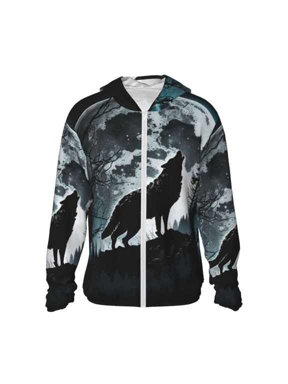 Women Men Sun Protection Hoodie Jacket Zip Long Sleeve Shirt Hiking Outdoor , Wolf Howling Full Moon Black