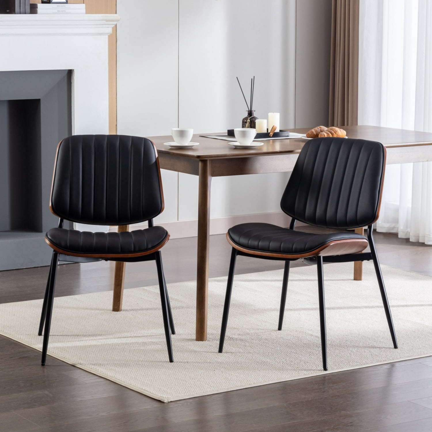 Dining Chairs Set of 2 Mid Century Modern Retro Faux Leather Chairs with Walnut Bentwood Back Upholstered Seat Metal Legs Adjustable Foot Pads Kitchen Dining Room Chairs, Black