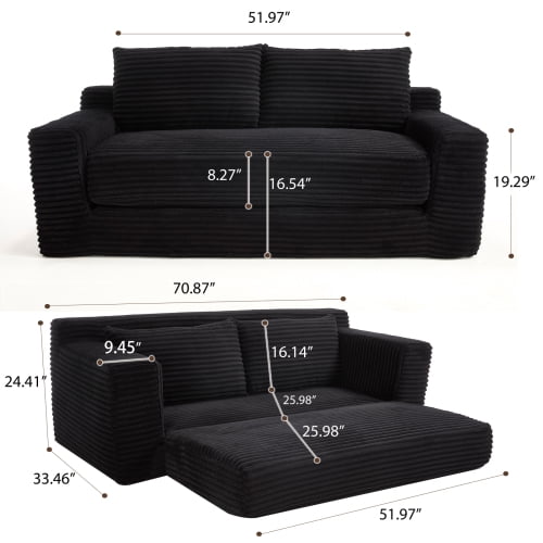 Loveseat Sofa with Memory Foam and Steel Frame, Convertible 2-in-1 Design with No Assembly for Small Spaces, Apartment, Home Office, Black