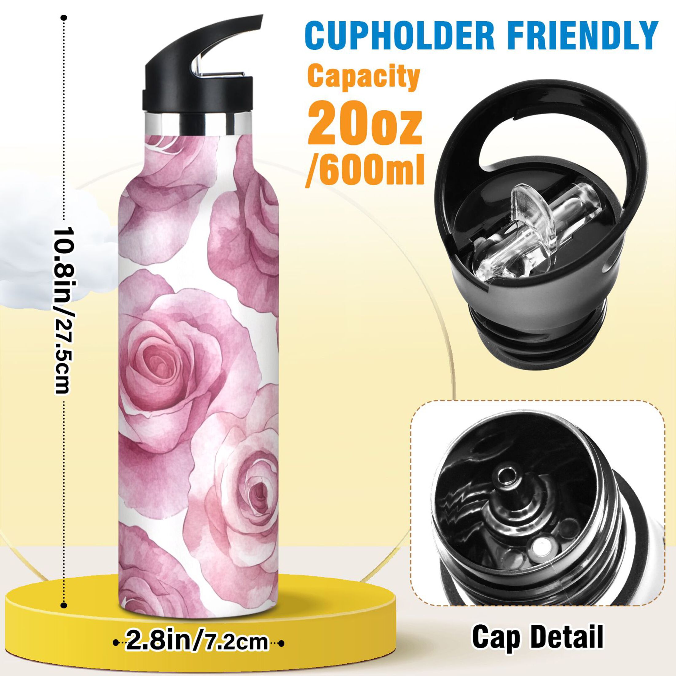 600ML Stainless Steel Insulated Cup Sports Water Bottle Portable Thermos Cup Water Glasses Insulated Tumblers Convenient and Durable Beige Roses Seamless