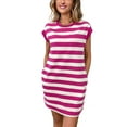 thumbnail image 3 of Womens Striped Summer Dresses 2025 Crewneck Cap Sleeve Color Block Casual A Line Tshirt Dress with Pockets Rose Red L, 3 of 9