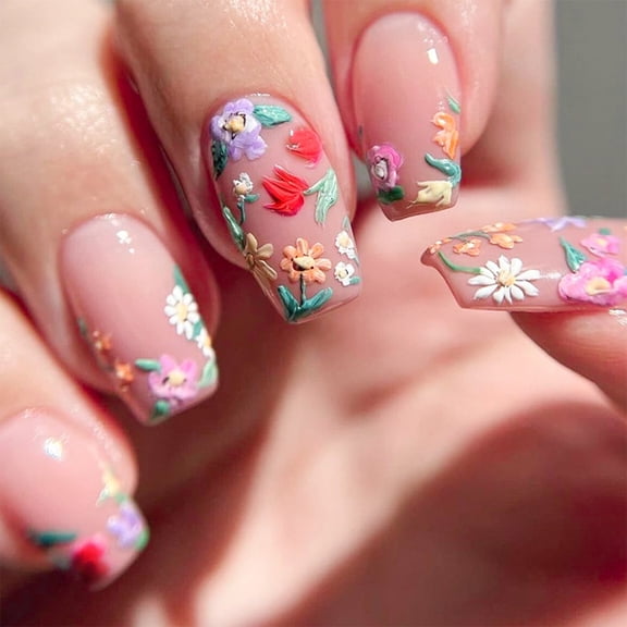 ROZYARD Square Press On Nail Flower Rhinestones Fake Nail Glues On Nail Acrylic Nail