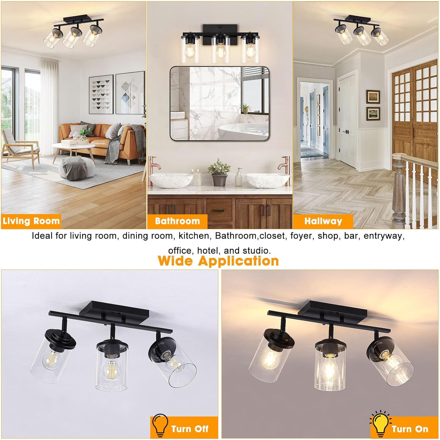 3-Light Track Lighting Kit Black Track Lighting Fixtures Bathroom Wall Sconces Ceiling Mount Kitchen Tracking Lights Rotatable Spotlight with Clear Glass Shade for Kitchen Shop Hallway