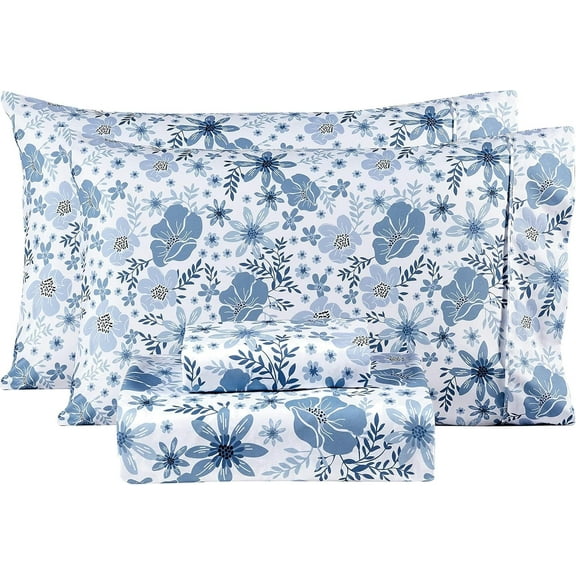 Viviland Floral 4-Piece Microfiber Bed Sheet Set, Queen – Deep Pocket Blue Flower Pattern
