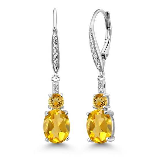 Gem Stone King 925 Sterling Silver Yellow Citrine and White Lab Grown Diamond Dangle Earrings for Women (3.54 Cttw, Oval 9X7MM)
