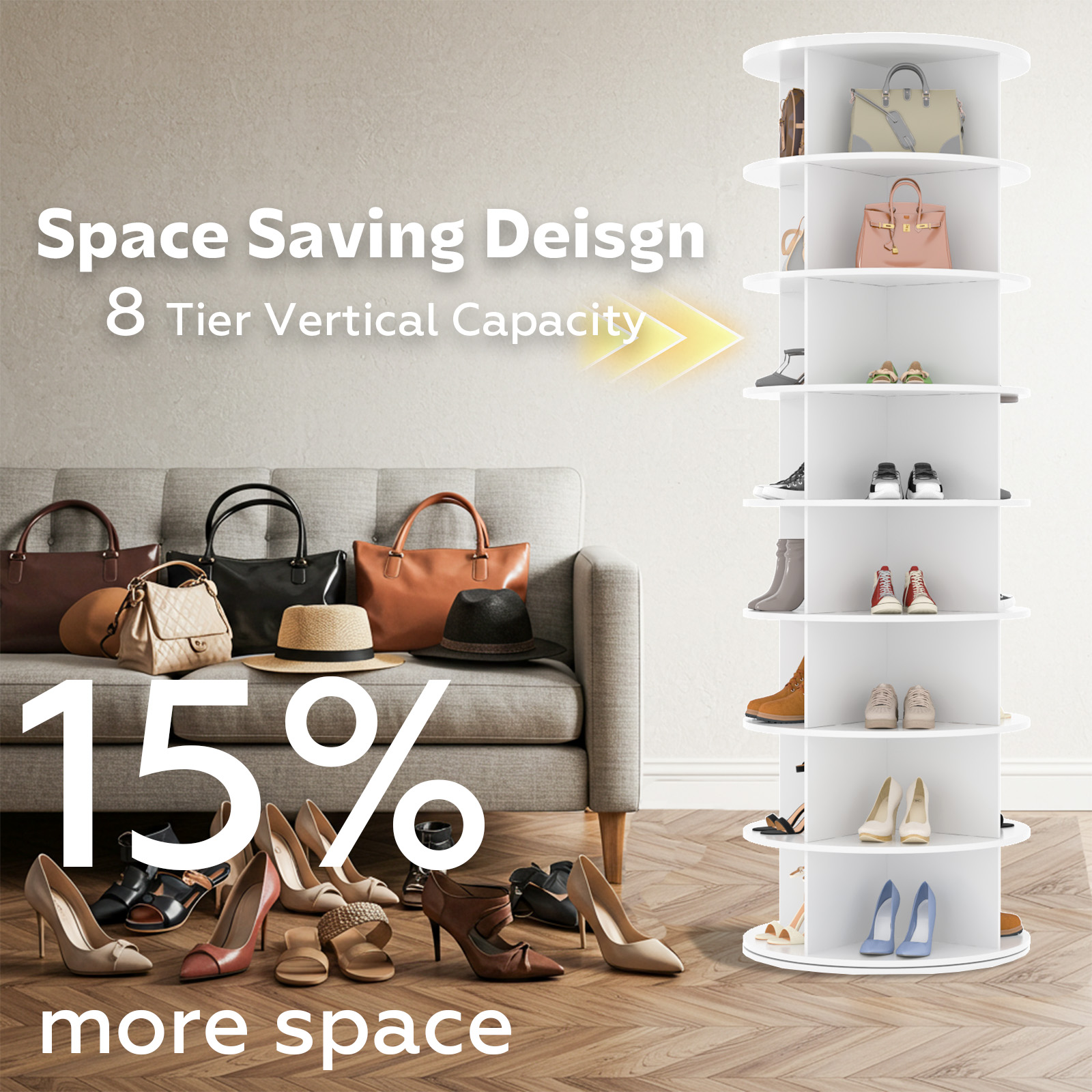AECOJOY 8-Tier Rotating Shoe Rack, 360° Spinning Organizer for Closet Storage, White