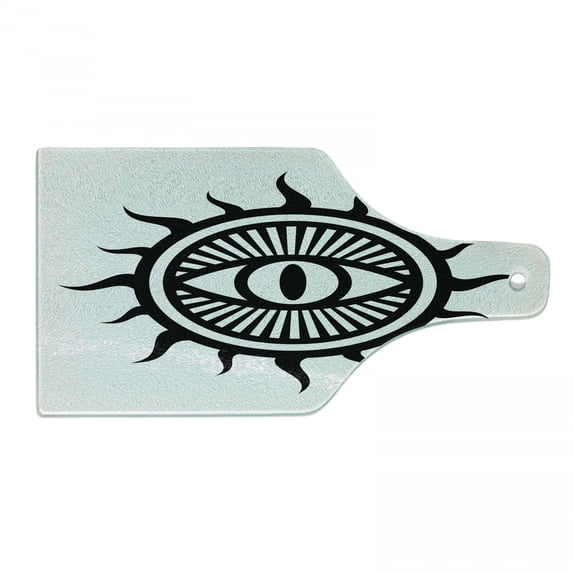 Occult Cutting Board, Third Eye in Sun Circle Pattern the Locus of Force Art Print Image, Decorative Tempered Glass Cutting and Serving Board, Wine Bottle Shape, Black and White, by Ambesonne
