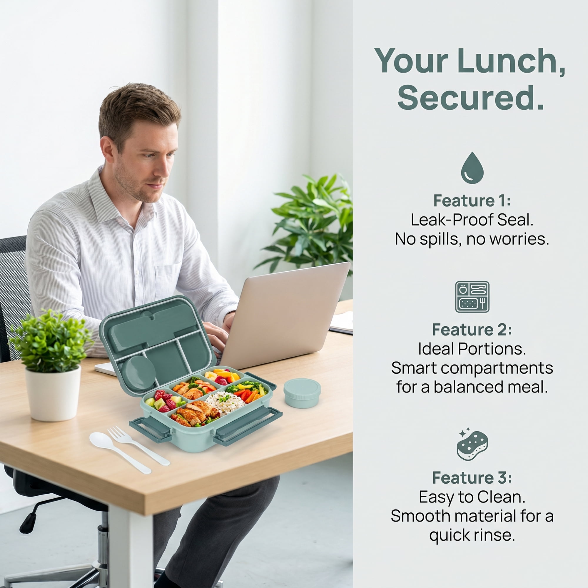 Unique Bargains Leakproof Meal Bento Lunch Box with Utensil Slot Dip Cup Green