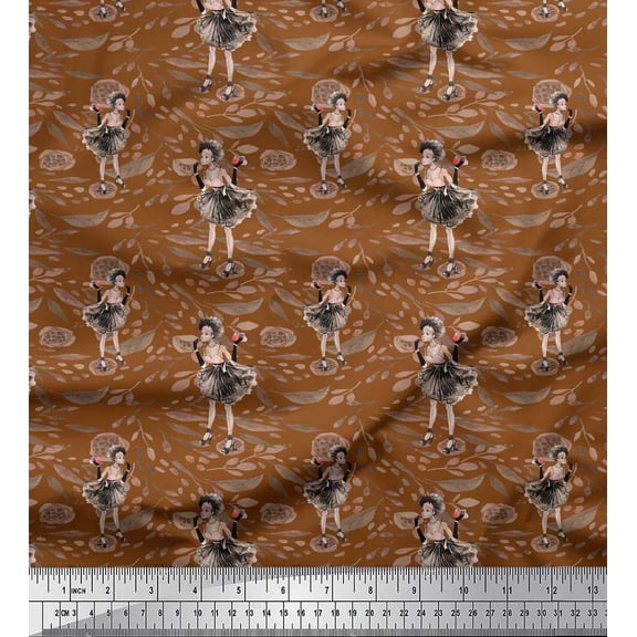 Soimoi Brown Cotton Voile Fabric Leaves,Women & Lipstick Fashion Decor Fabric Printed Yard 42 Inch Wide