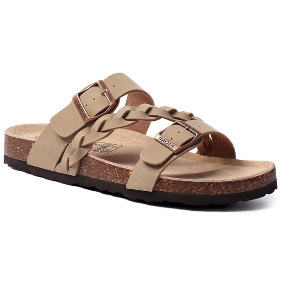 Smile Popcorn Cork Footbed Slide Sandals for Women with Arch Support, Comfortable Braided Flat Sandals, Apricot