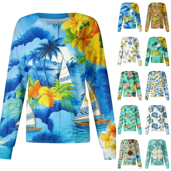 Womens Scrub Tops Long Sleeve Round Neck Floral Medical Uniform Hawaiian Breathable Nurse Medical Scrubs, 5XL