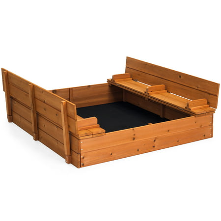 Best Choice Products 47x47-Inch Wooden Outdoor Sandbox with Sand Screen, 2 Foldable Seats,