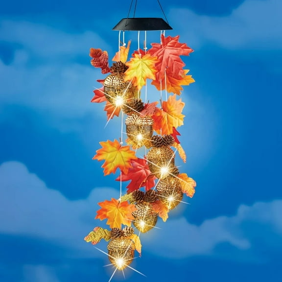 Solar Fall Acorns & Leaves Hanging Wind Chime Mobile Porch Patio Garden Decor