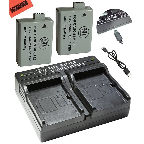 BM Premium Lot de 2 Batteries LP-E5 et Trousse de Chargeur Double USB pour Canon EOS Rebel TP, Rebel T1i, Rebel XSi, 1000D, 500D, 450D, Kiss X3, Kiss X2, Kiss F Appareil Photo Reflex Numérique