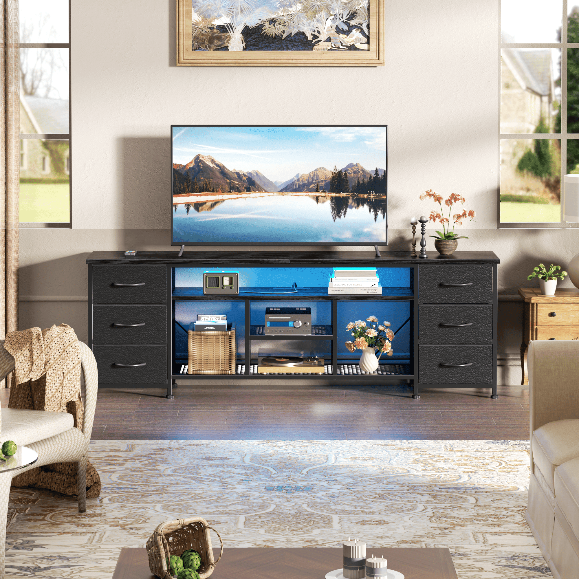 Tydimor Modern TV Stand for TVs up to 80", LED Entertainment Center with Power Outlets and 6 Drawers, Media Console with Storage for Living Room, Black
