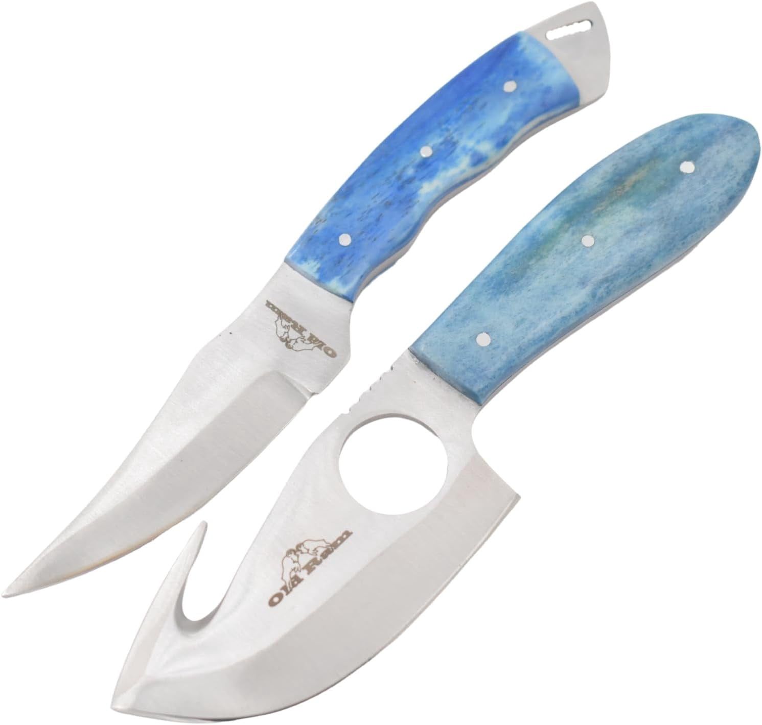 Old Ram Handmade 2-Piece Camping Hunting Skinner Knife Set, Pink Bone Handle, Stainless Steel Blades with Sheath