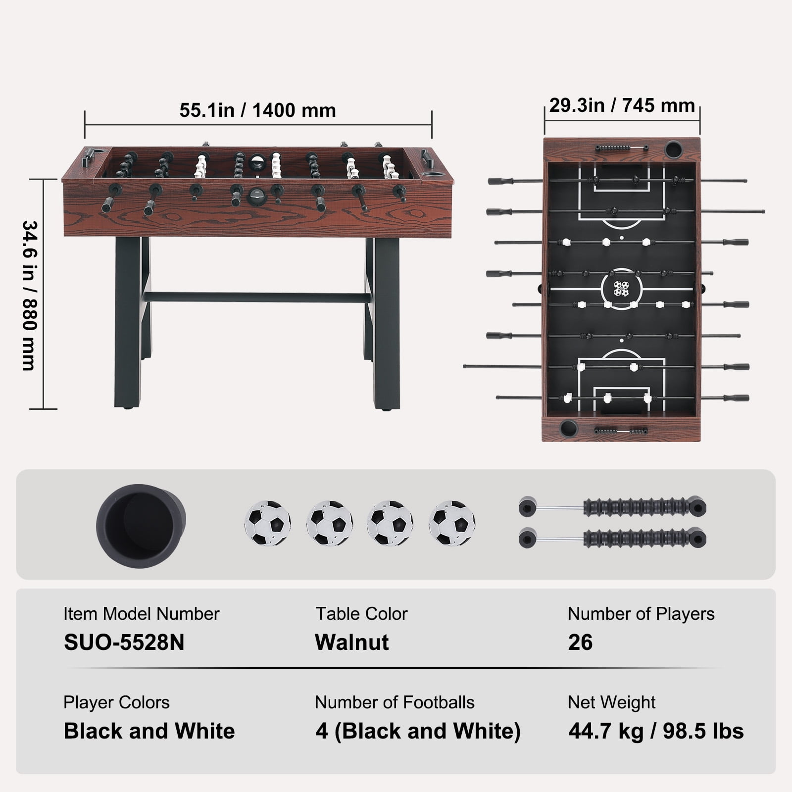 KFFKFF Soccer Table, 55-inch Regulation Size, Ideal for Indoor Use, Perfect for Home, Family, and Game Room, Comes with Foosball Set, Including 4 Balls and 2 Beverage Holders