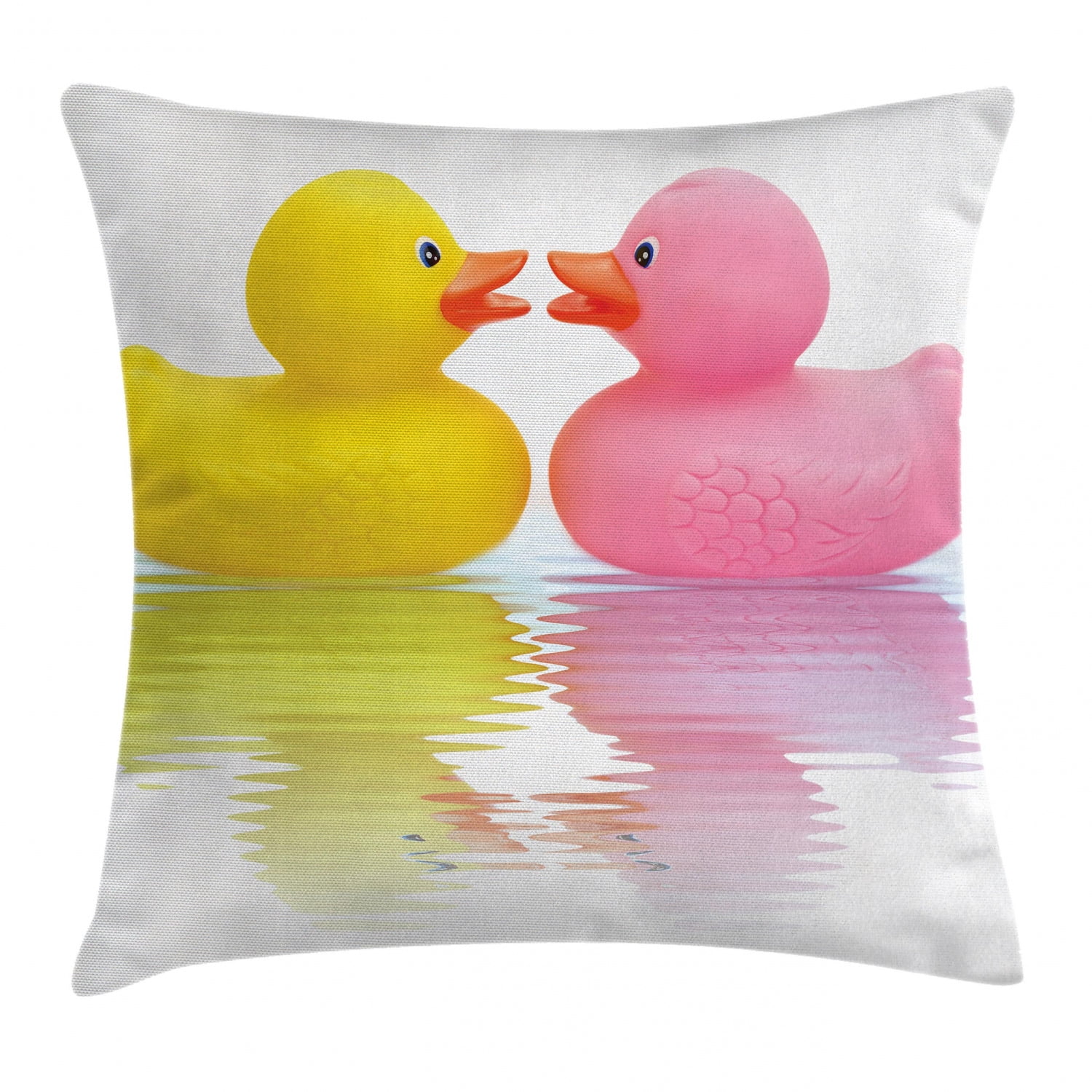 Rubber Duck Throw Pillow Cushion Cover, Rubber Duck Couple in Love Romantic First Love Childhood Kids Theme, Decorative Square Accent Pillow Case, 20 X 20 Inches, Yellow Pink White, by Ambesonne