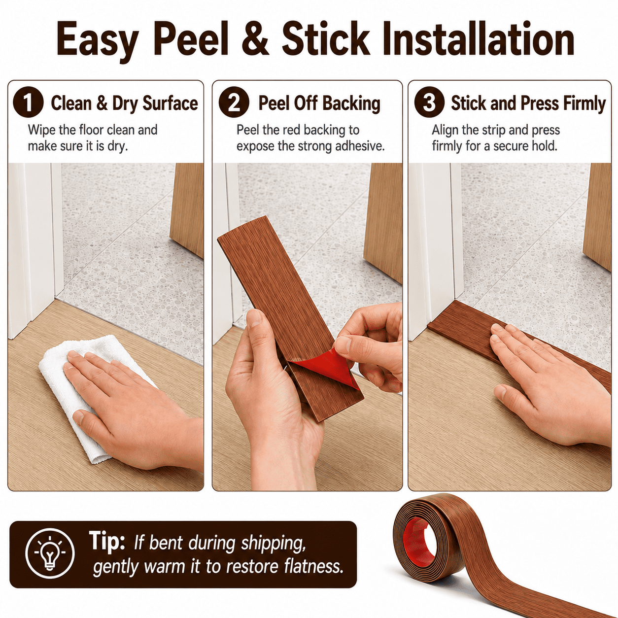 Yeslife 1 pc Self Adhesive Floor Transition Strip, 10 ft x 1.57 in, Cherry Vinyl, Flexible Waterproof Gap Cover for Laminate, Tile and Carpet Flooring