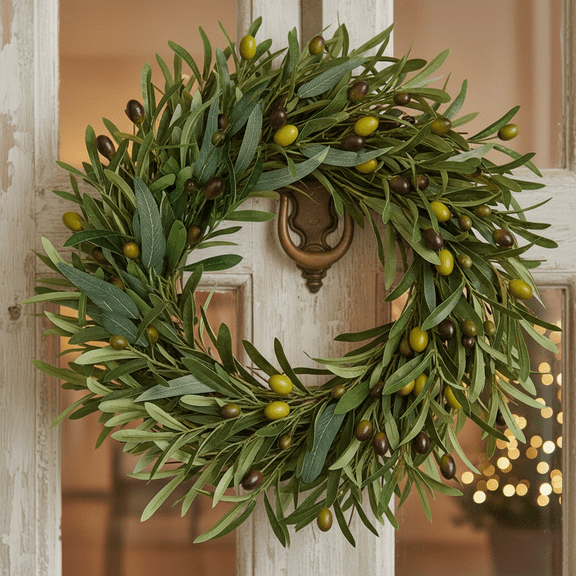 Artificial Olive Christmas Wreath, 20in Greenery Wreath for Front Door, Farmhouse Holiday Wall & Home Christmas Decor