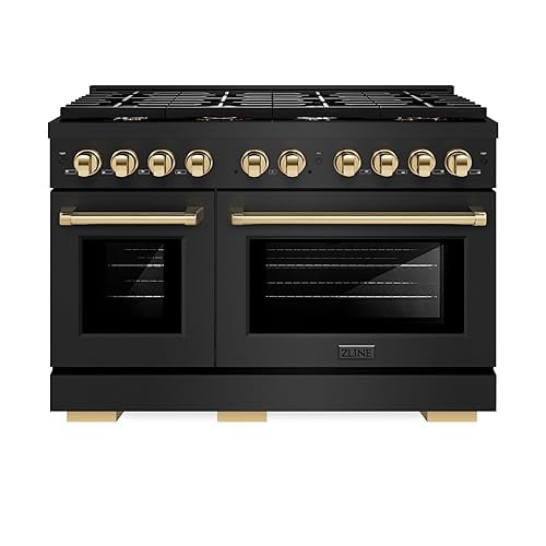 ZLINE Autograph Edition 48 in. 6.7 cu. ft. Paramount Double Oven Dual Fuel Range with 8 Burner Gas Cooktop in Black Stainless Steel and Polished Gold Accents (SDRBZ-48-G)