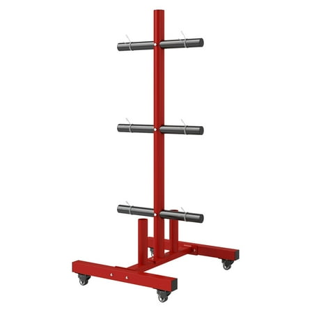 2 Inch Weight Plate Rack - Olympic Weight Plate Holder for Home Gym - 440lbs Capacity - Red with Wheels & Clamps