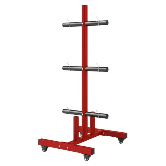 2 Inch Weight Plate Rack - Olympic Weight Plate Holder for Home Gym - 440lbs Capacity - Red with Wheels & Clamps