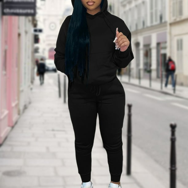 Chándal Con Capucha Conjunto de pantalones de chándal largos informales deportivos con cordón de manga larga para mujer Cgtredaw Negro M para Mujer