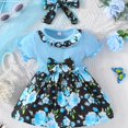 thumbnail image 1 of Baby Girls Cute Casual Ruffled Stitching Flower Ribbed Dress & Bow Headband Set For Summer Holiday, 1 of 5
