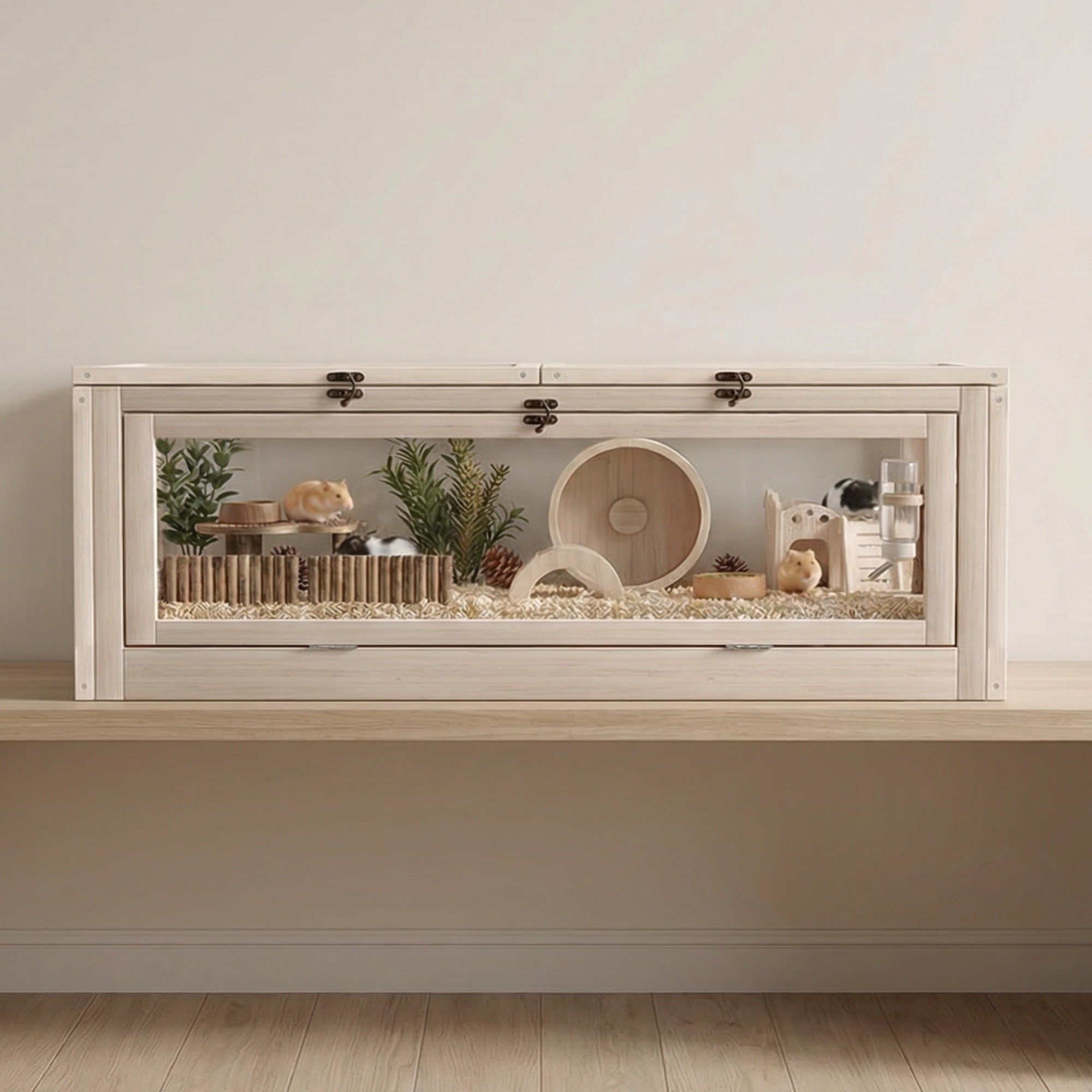 Wooden Hamster Cage, 31.5in Large Guinea Pig House with Stair & Bridge, Chewproof Solid Wood Habitat with Acrylic Ventilation Panels for Guinea Pigs, Chinchillas, Ferrets, Hamsters