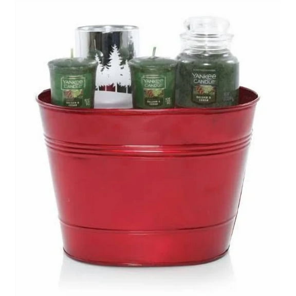 Yankee Candle Holiday Red Gift Tin with a Balsam & Cedar Small Jar, 2 Balsam & Cedar Votives and a Silver Forest Votive Holder
