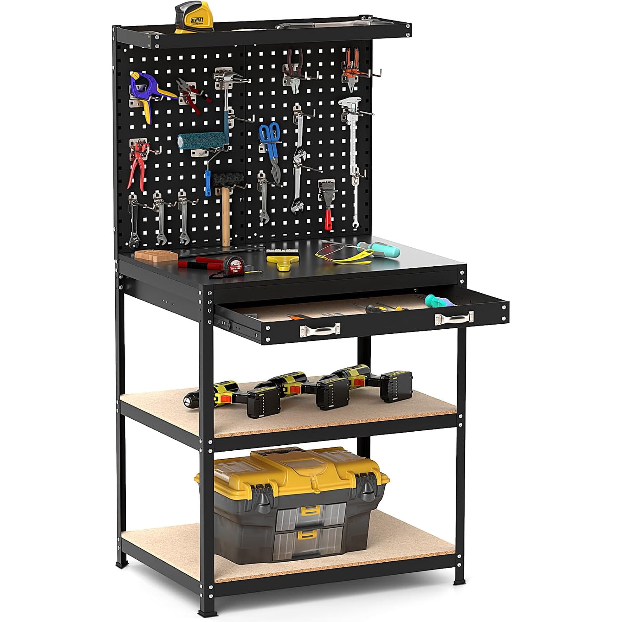 NurtureTail Heavy Duty Workbench with Drawer 32 x 16 Work Table with 2 Pegboards 4 Shelves & 19 Hooks 495 LBS Capacity for Garage Workshop & Home Black