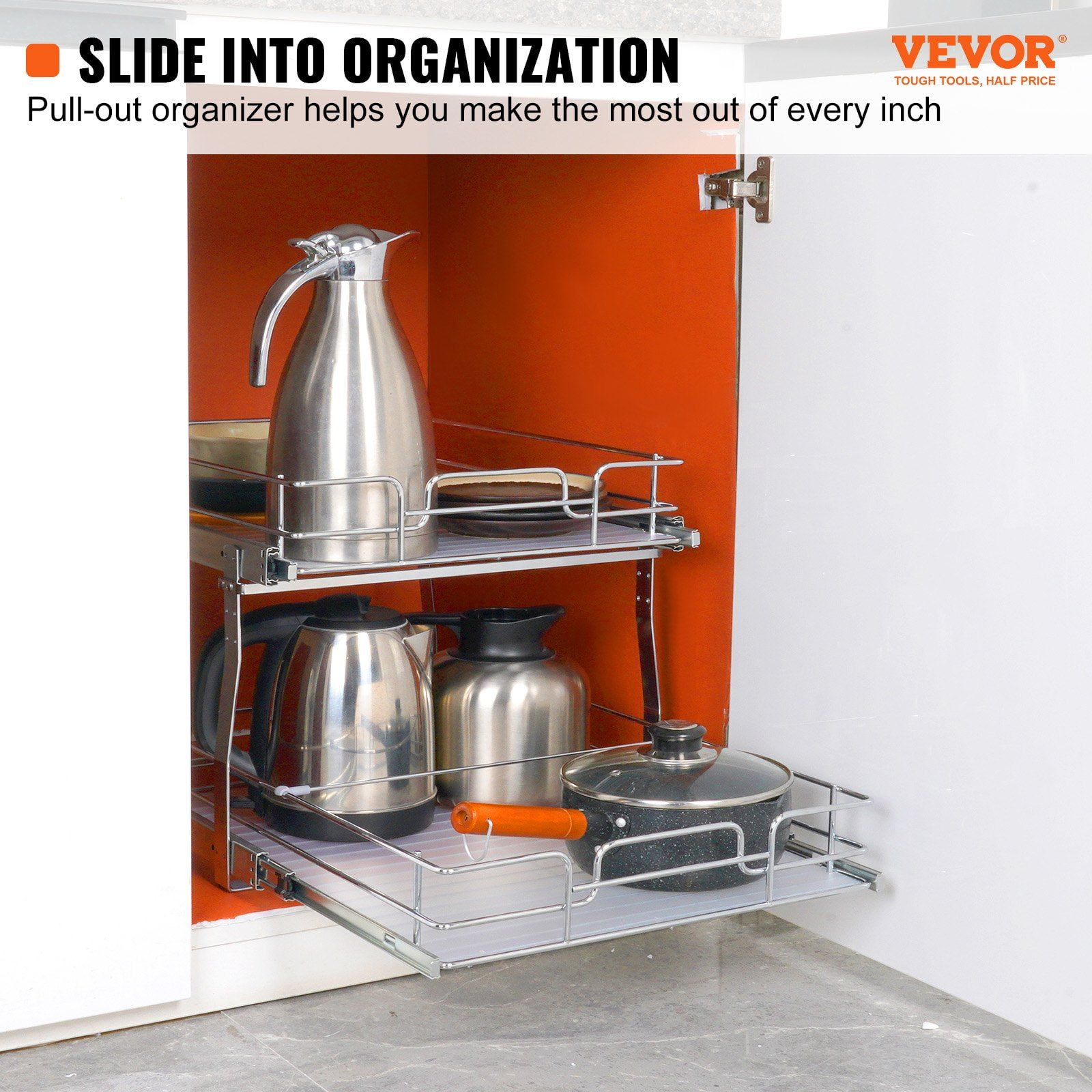2 Tier Slide Out Pantry Shelves, 20 Inches Wide x 21 Inches Deep Pull Out Cabinet Organizer, Chrome Steel Roll Out Drawers for Kitchen & Bathroom