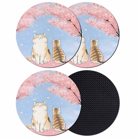 Pink Cat Coasters Set of 4, Absorbent Coasters for Drinks, Spring Cherry Blossoms Botanical Blue Sky Coaster for Desk Coffee Table Protection, Home Decor House Warming Gifts 4"