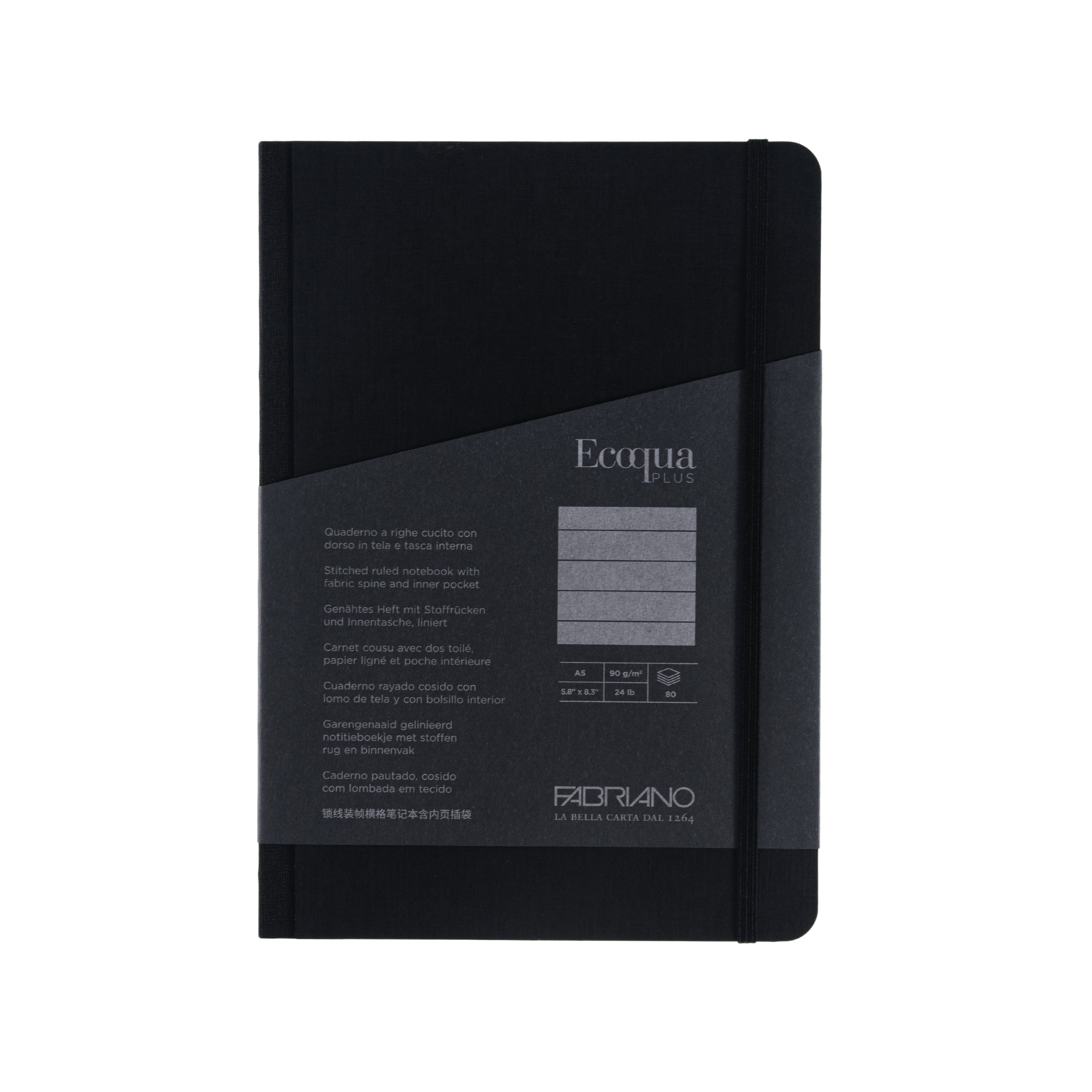 Fabriano Ecoqua Plus Fabric-Bound Notebook, 5.8" x 8.3", A5, Lined, Black