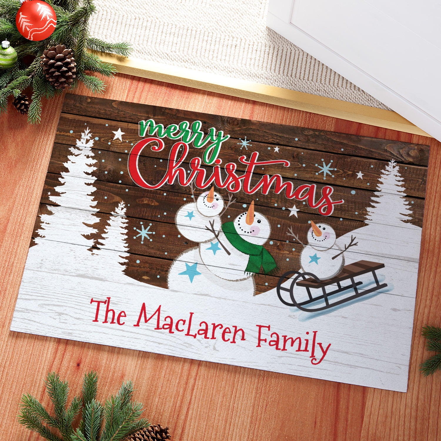 Personalized Merry Christmas Winter Night Snowman Indoor / Outdoor Doormat