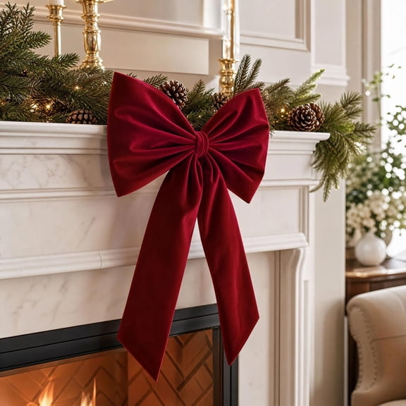 Large Decorative Bow, Velvet Fabric Bow, Long Tail Holiday Accent for Christmas Trees Doors and Mantels, Burgundy, 25.60 x 14.96 in