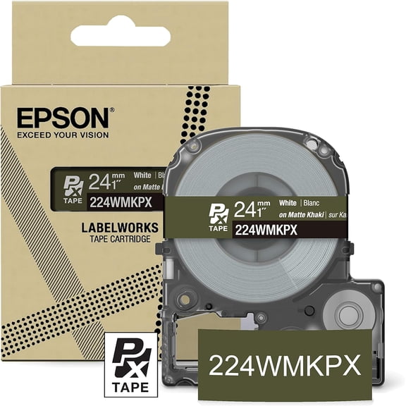 Epson LABELWORKS 224WMKPX - White on Matte Khaki PET Label Maker Tape - 1" (24MM) Wide, 26'