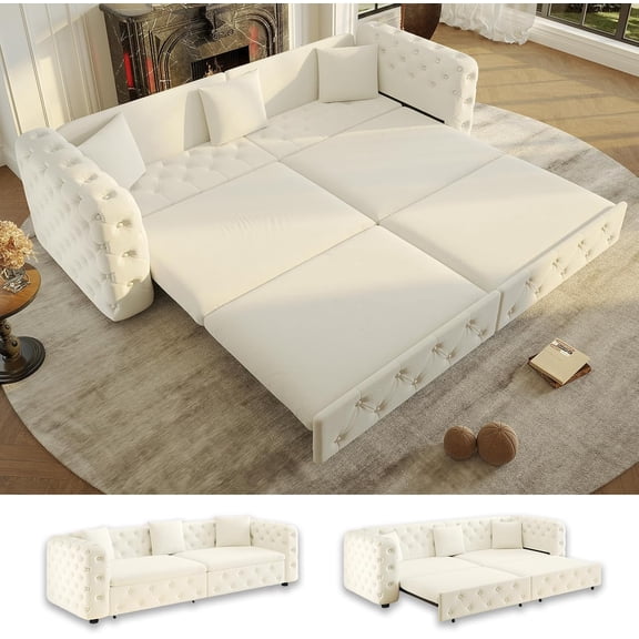 89" Pull Out Sofa Bed King Size, Velvet Chesterfield Sleeper Sofa Couch, 3 in 1 Convertible Recliner, Modern Tufted Deep Seat Couches for Living Room, Small Space, Apartment, Cream Beige