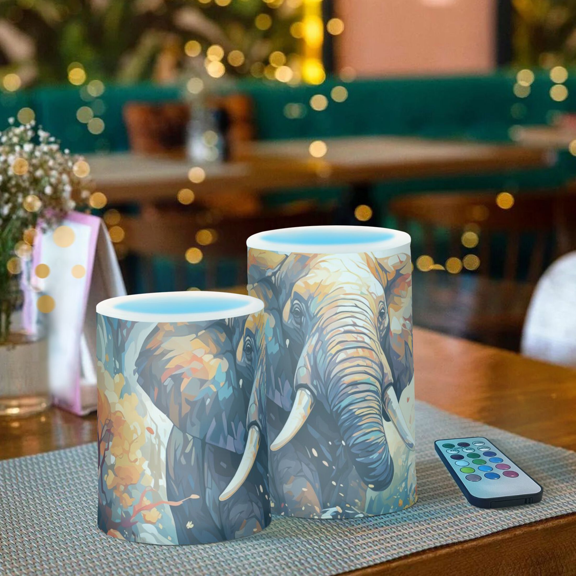 Elephant Trees Clouds Flameless Candles&nbsp;LED Lights Battery Operated Candles with Remote and Timers Flicker Lights Votive Set of 2