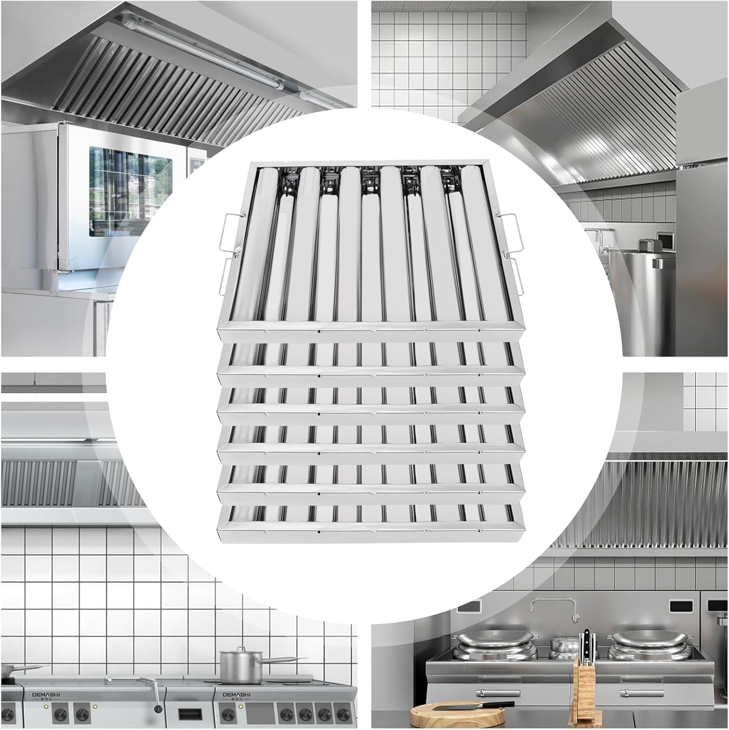 Stainless Steel Hood Filter 19.5W x 15.5H Inch, 5 Grooves Commercial Kitchen Restaurant Range Hood Filters, Set of 6 Grease Filter for Grease Rated Exhaust Hoods
