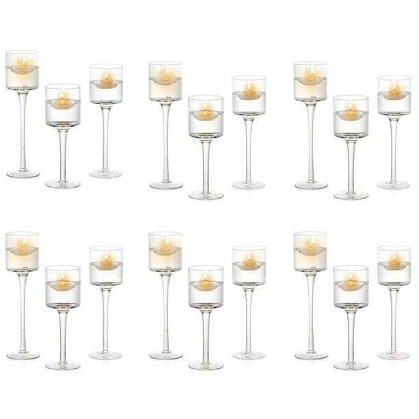 Glasseam Glass Hurricane Candle Holders Bulk Set of 18 Long Stem Tealight Candle Holder for