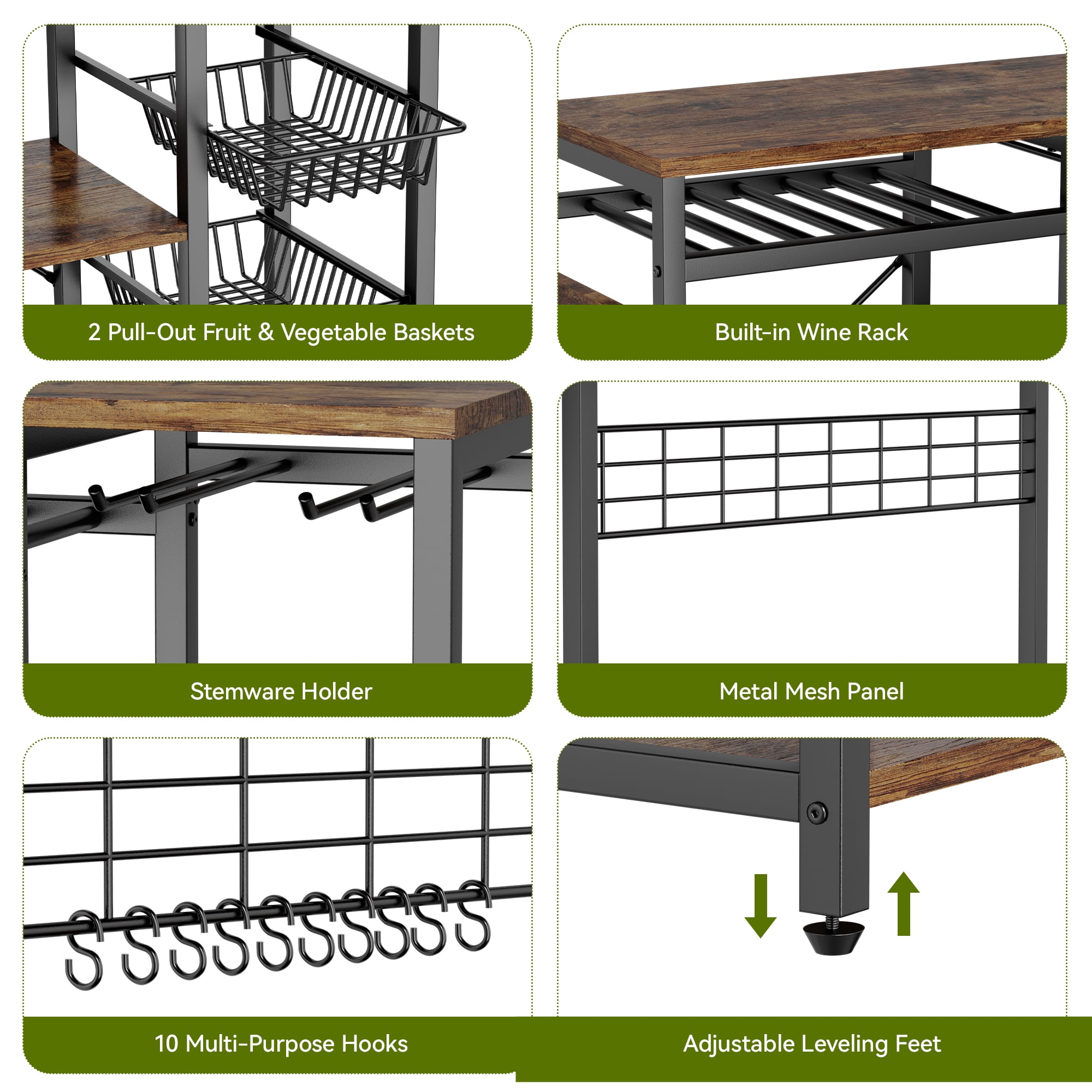 Keenstone Kitchen Bakers Rack with 3 Power Outlets, Microwave Oven Stand with 10 S-shaped Hooks ,Coffee Bar Table 5 Tiers , 2 Wire Basket, Wine Rack ,Rustic Brown